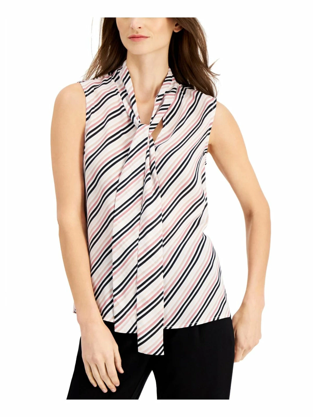 New π€© Anne Klein π© Womens Striped Tie Neck Blouse π 3 New π€© Anne Klein π© Womens Striped Tie Neck Blouse π