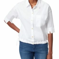 Flash Sale ✨ Anne Klein Marleigh 👩 Womens Cotton Drawstring Hem Button-Down Top ⭐