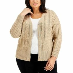 Promo 😉 Anne Klein Plus 👩 Womens Cable Knit V-Neck Cardigan Sweater 👏
