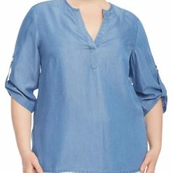 Hot Sale ❤️ Anne Klein 👩 Womens Denim V-Neck Pullover Top 👍